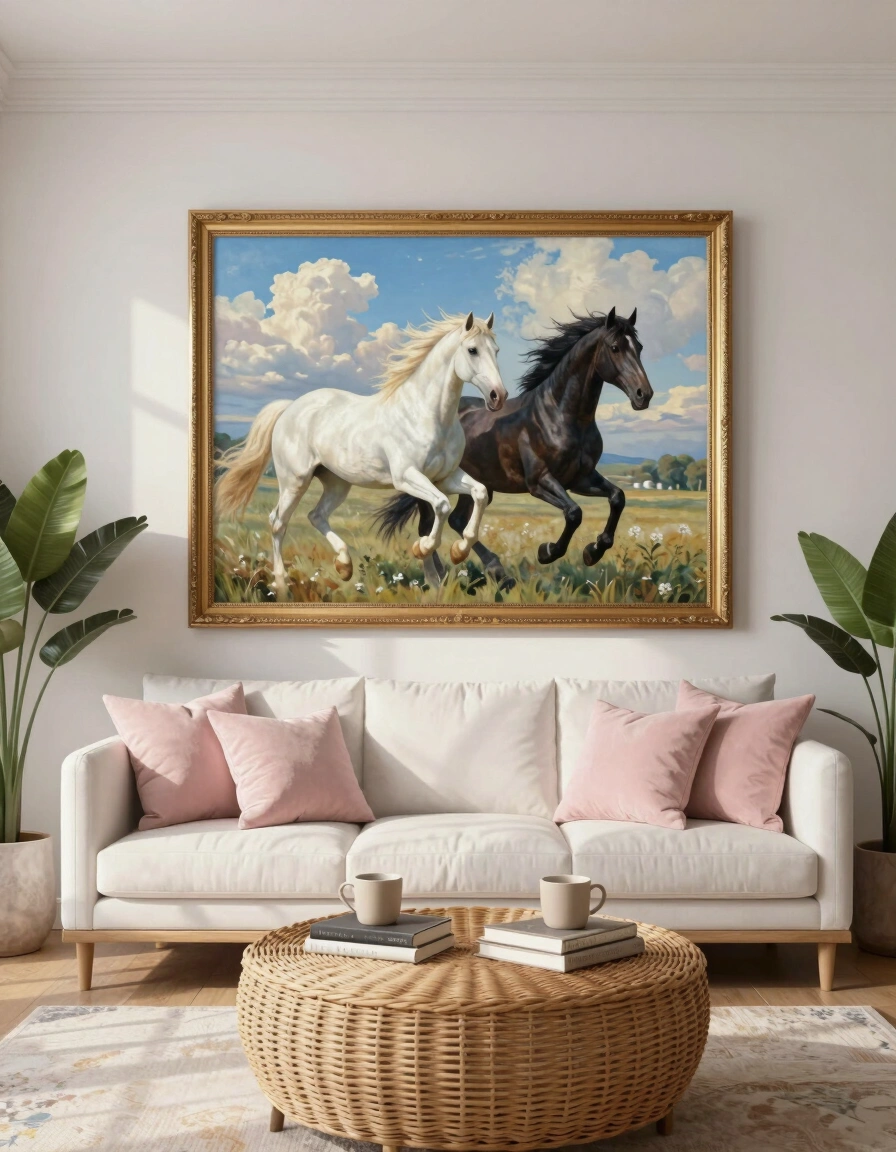 A peaceful living room with a large painting of white and black horses, a white couch, and wicker coffee table.
