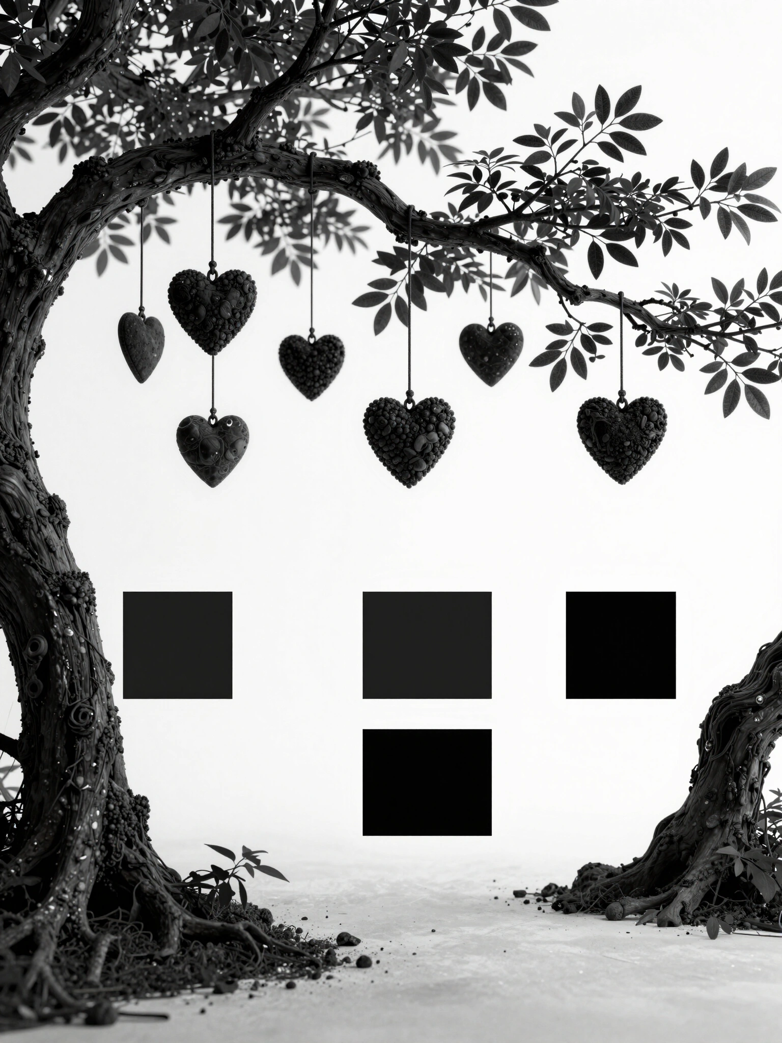 Luxury fashion mockup featuring a black tree branch with leaves and heart-shaped charms suspended from it, set against a white background.