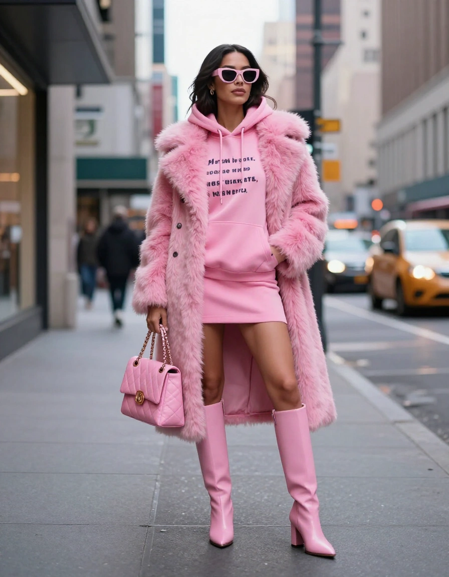 Woman in pink faux fur coat and matching outfit stands confidently on city sidewalk with handbag and sunglasses.
