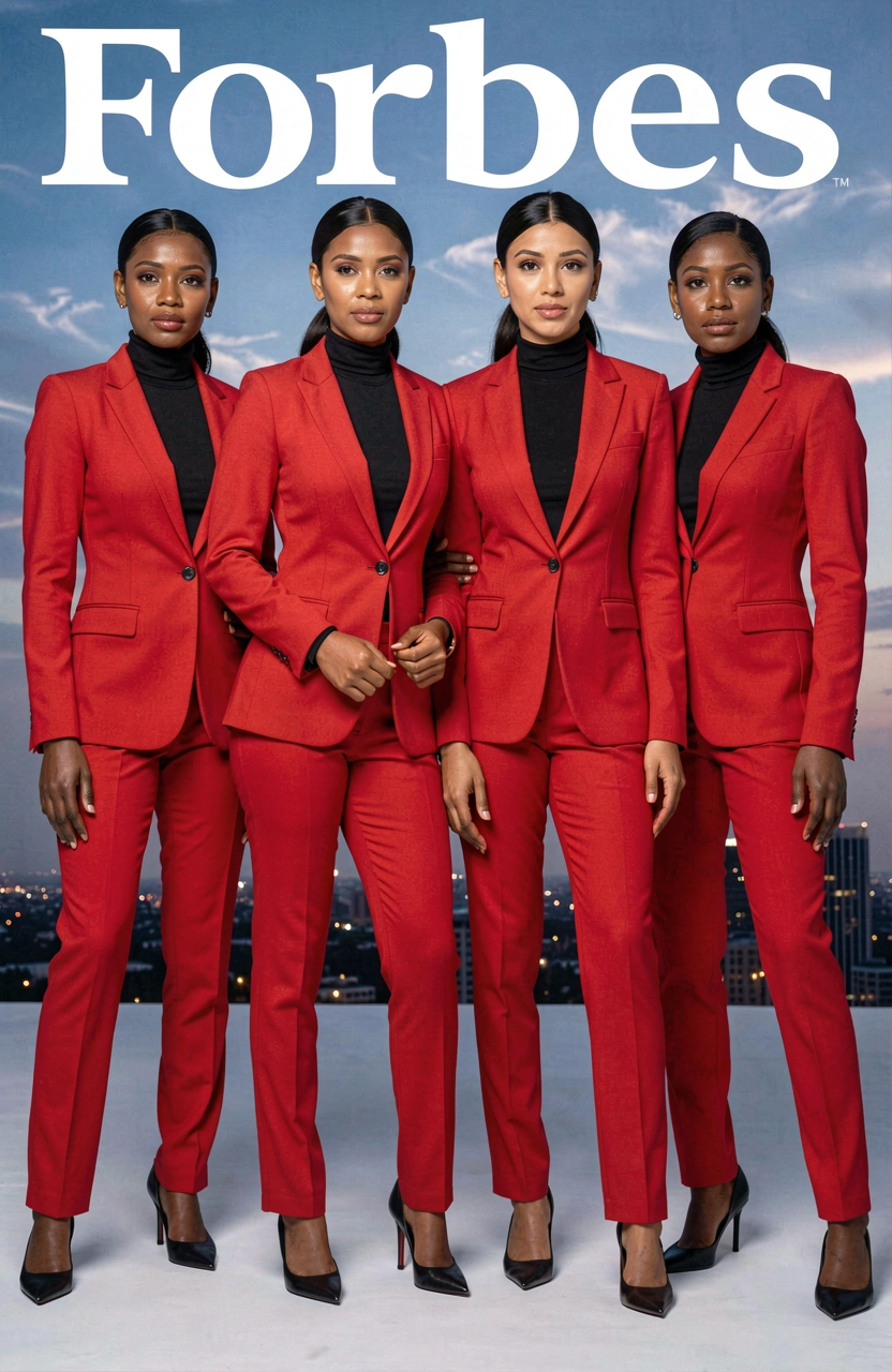 Four women in red suits standing together on a blue background, exuding confidence and unity.
