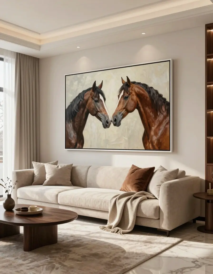 Large painting of two horses in a white frame above a beige sofa in a luxurious living room with natural lighting and earthy tones.