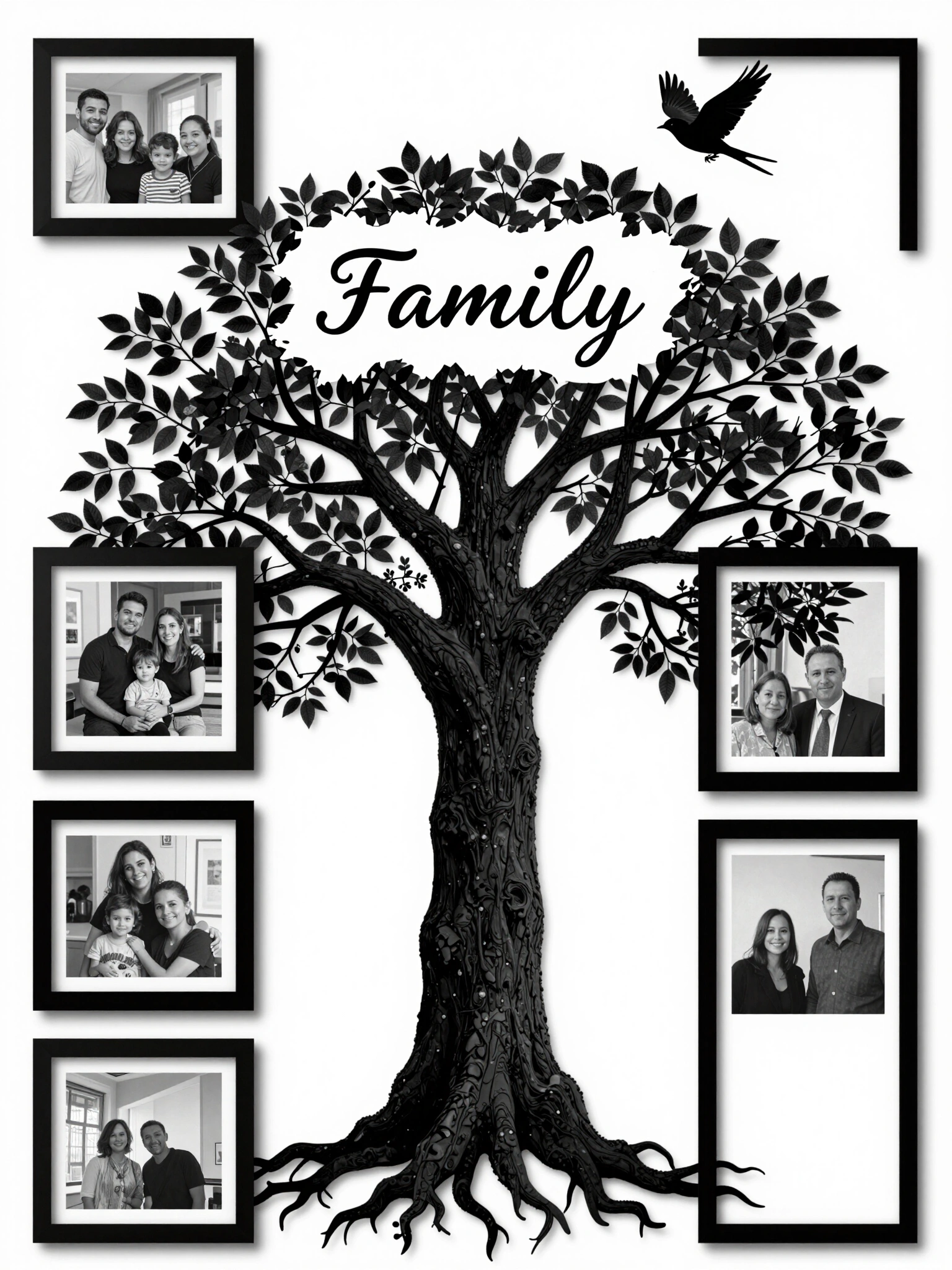 Family tree collage template with tree silhouette and picture frames