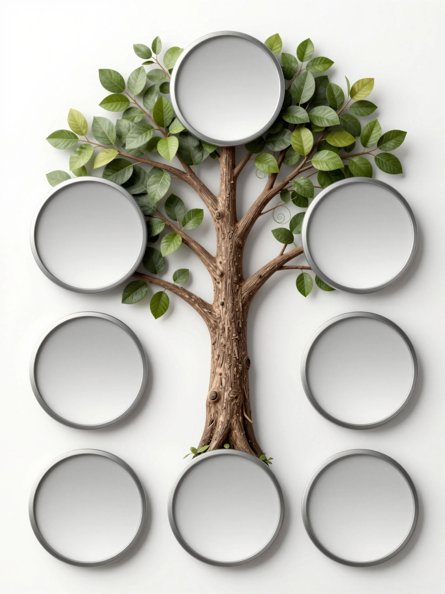 A beautiful family tree graphic with green leaves and silver-framed circles, set against a white background, evoking a sense of heritage and unity.