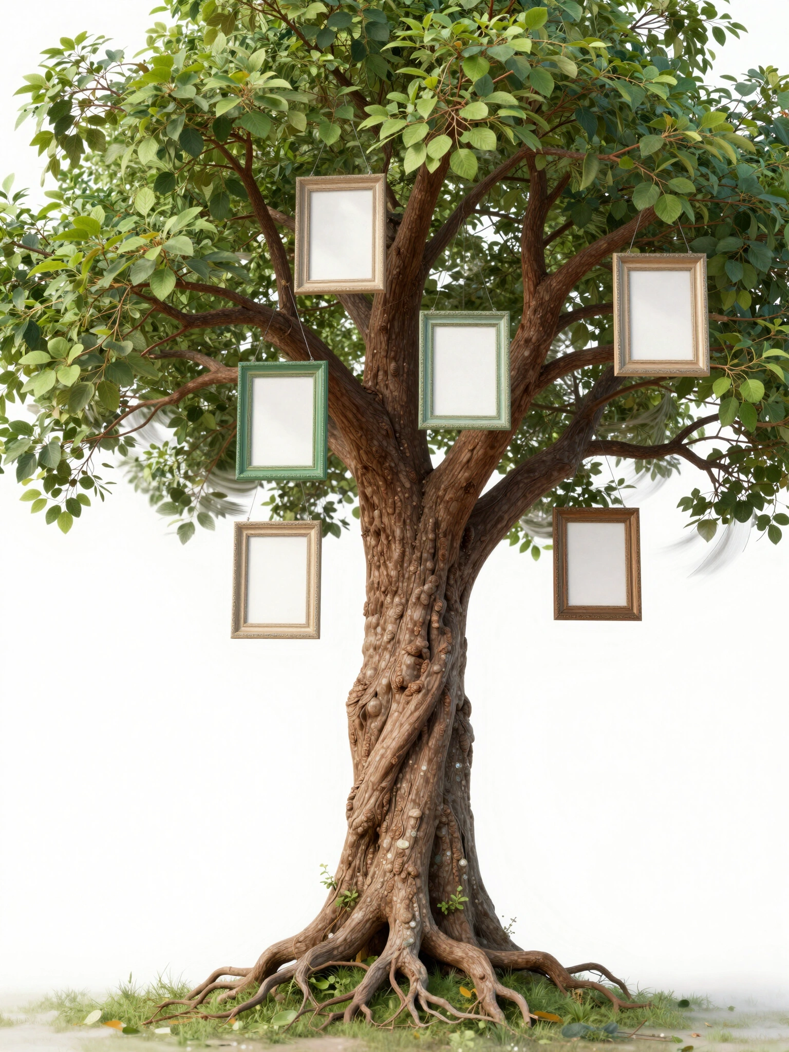 A beautiful tree with a sturdy brown trunk and sprawling branches, featuring five blank picture frames hanging from its limbs, set against a crisp white background