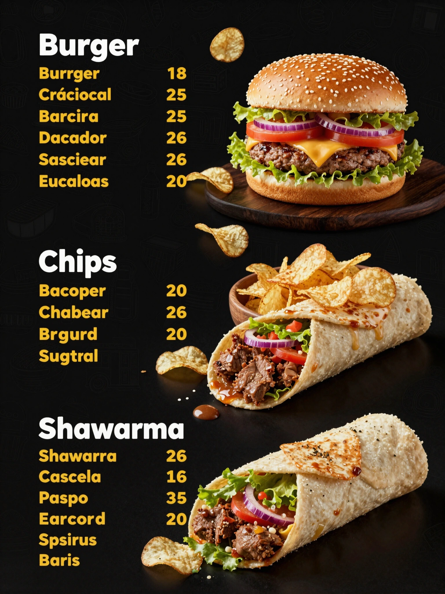Fast food menu with burger, chips, and shawarma options