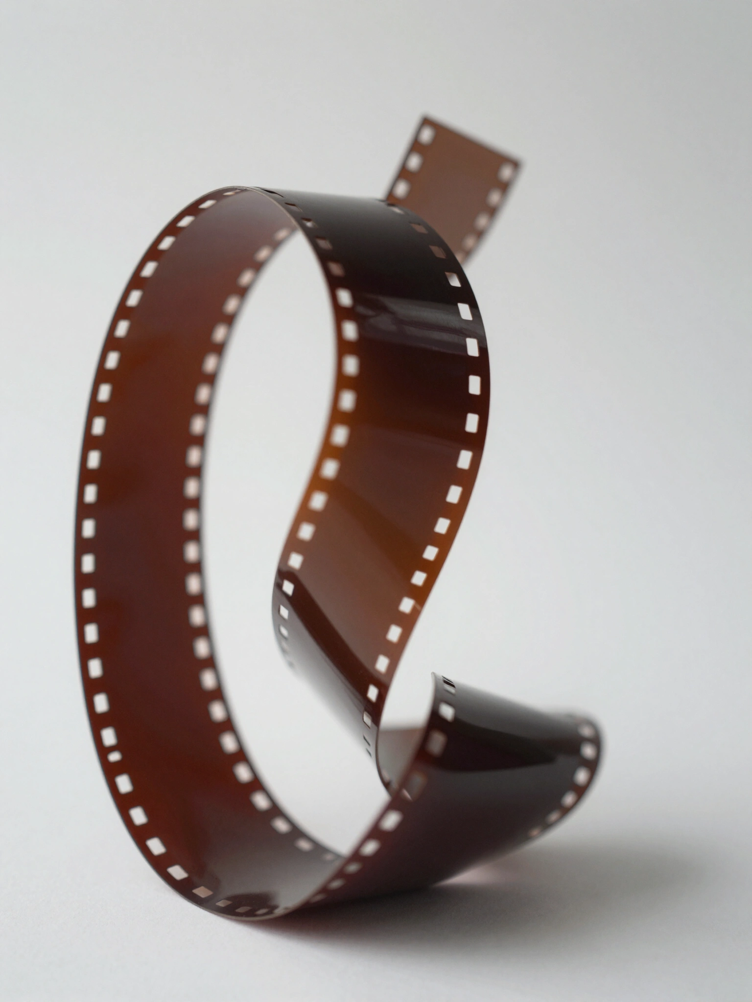 A 35mm film strip with a gradient effect, curled and twisted in a dynamic pose, on a white background.