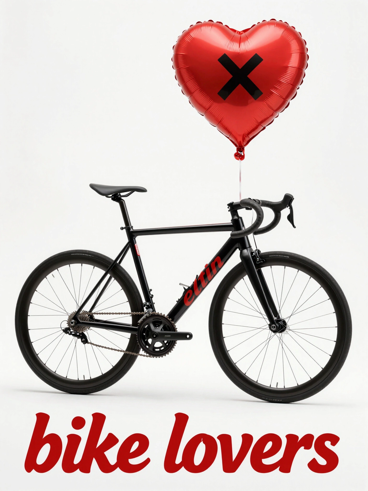 Black fixie bicycle with red heart-shaped balloon and 'bike lovers' text