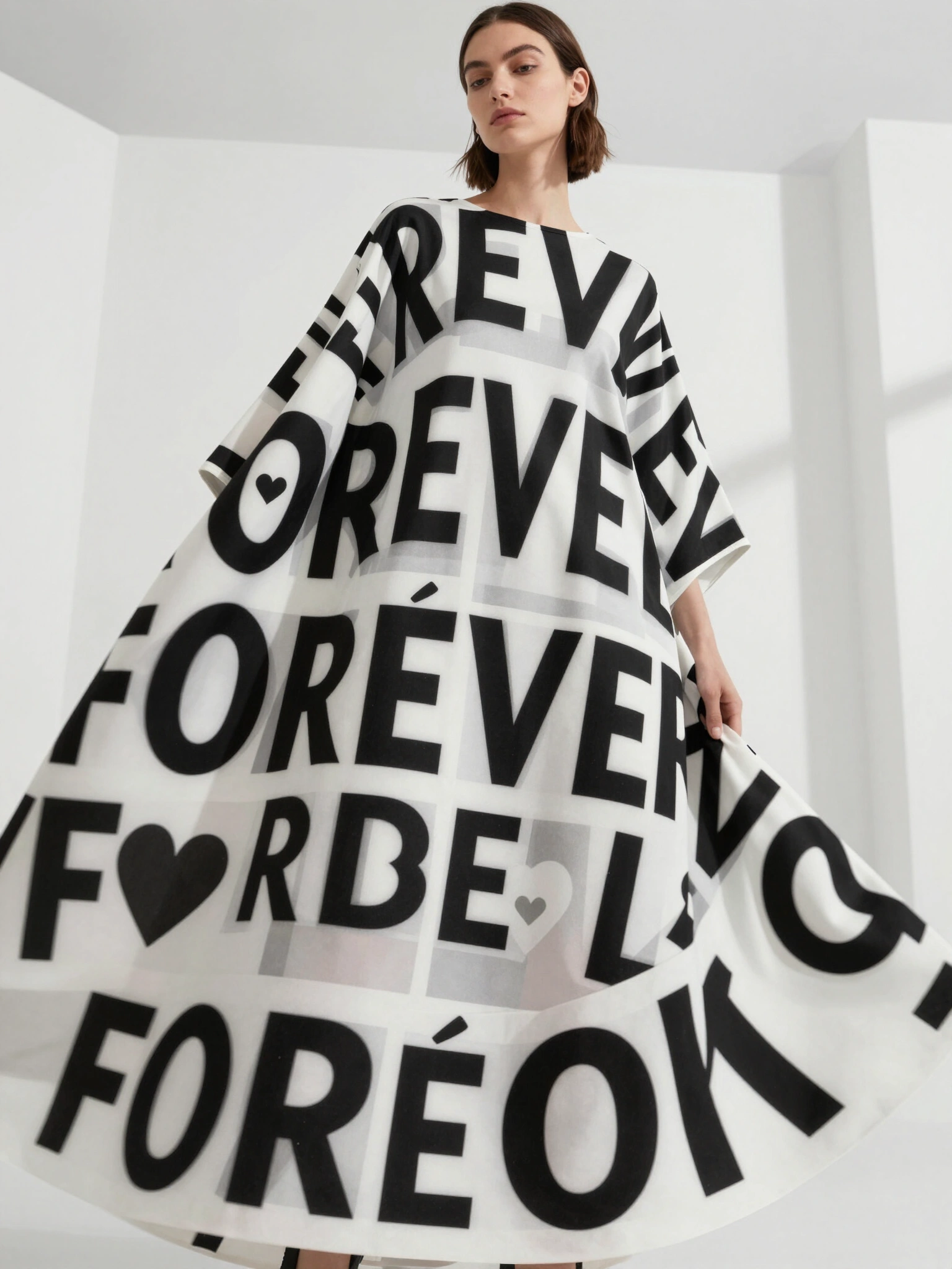 Model wearing a black and white 'FOREVER' graphic print dress against a white background