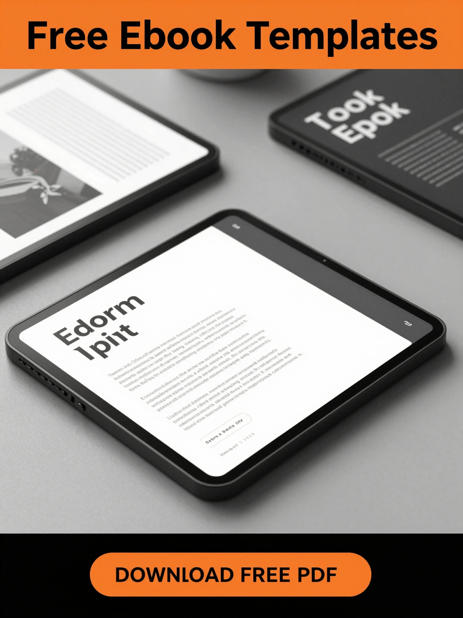 A collection of ebook templates arranged on a gray surface, with a prominent display of a single template in the foreground and a bold orange banner at the top.
