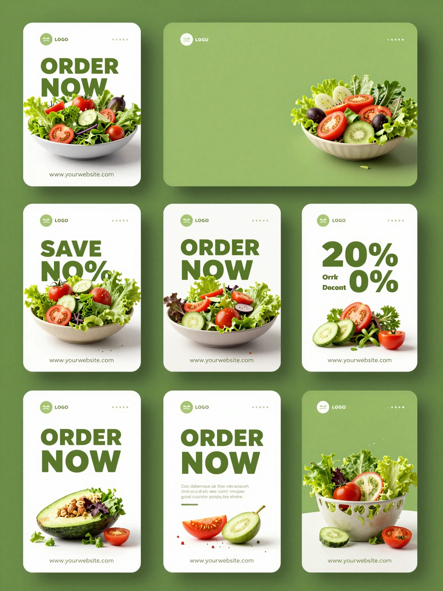 Salad advertisement template with fresh vegetable salads and a clean design, featuring a green background and white banners with a call-to-action and discount offer.