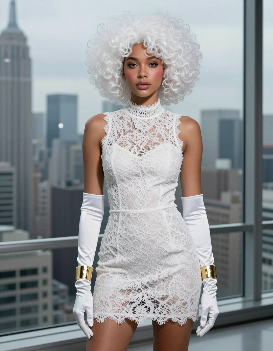 Woman in white lace dress and satin gloves standing in front of a cityscape window