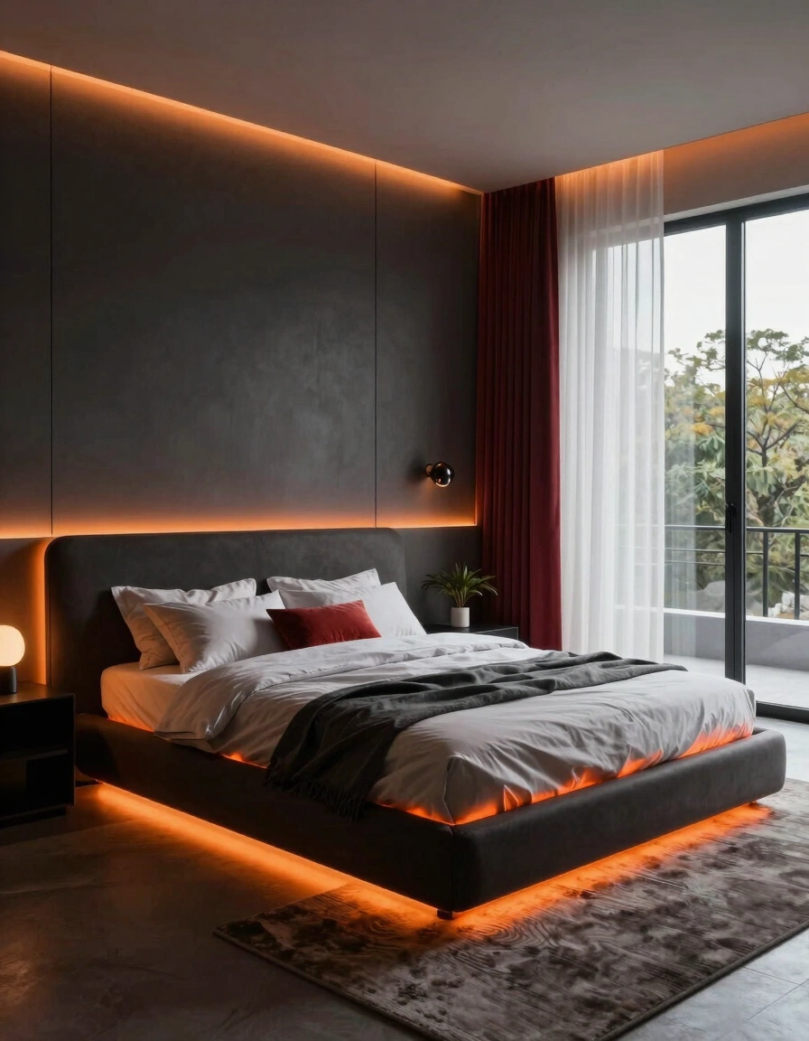 A modern bedroom with a futuristic bed and glowing orange accents, set against dark gray walls and featuring a large window with sheer curtains.