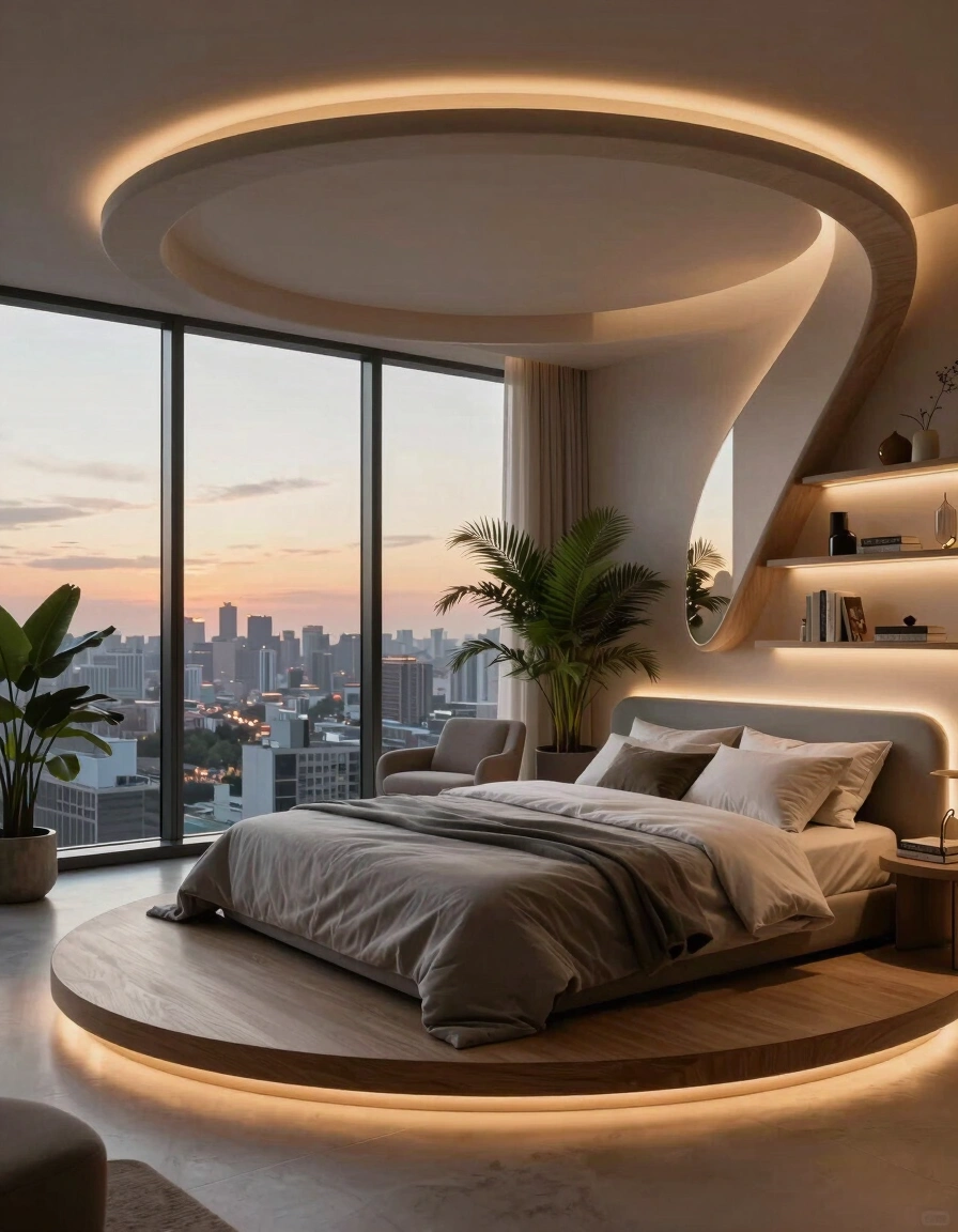 A futuristic bedroom with a circular elevated bed platform and curved staircase, surrounded by floor-to-ceiling windows and city skyline at dusk.