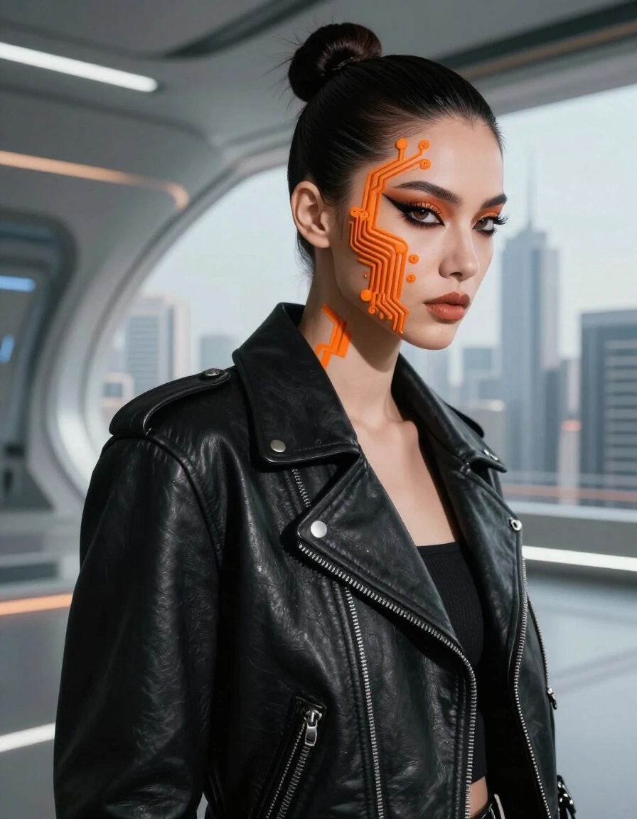 A woman with orange circuit board makeup and black leather jacket stands in front of a futuristic cityscape.