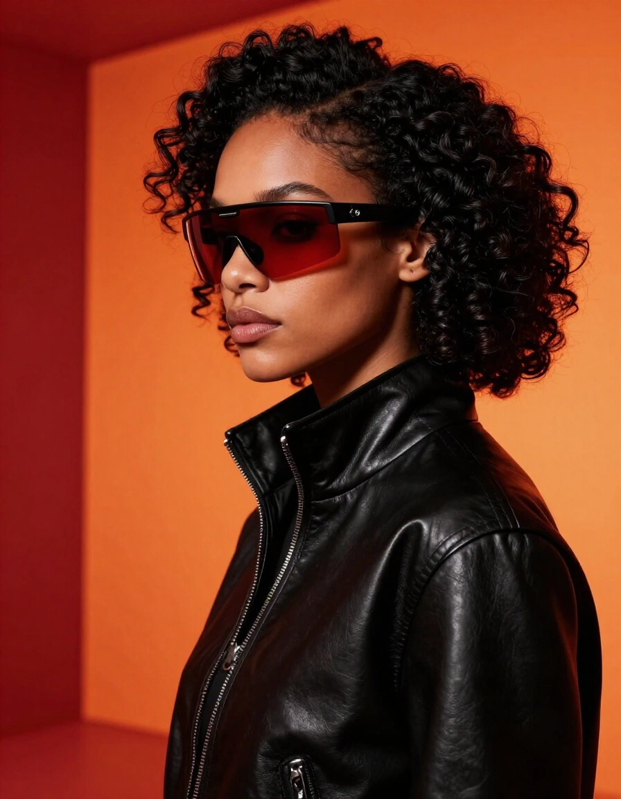 Woman in black leather jacket and futuristic sunglasses against orange and red gradient background