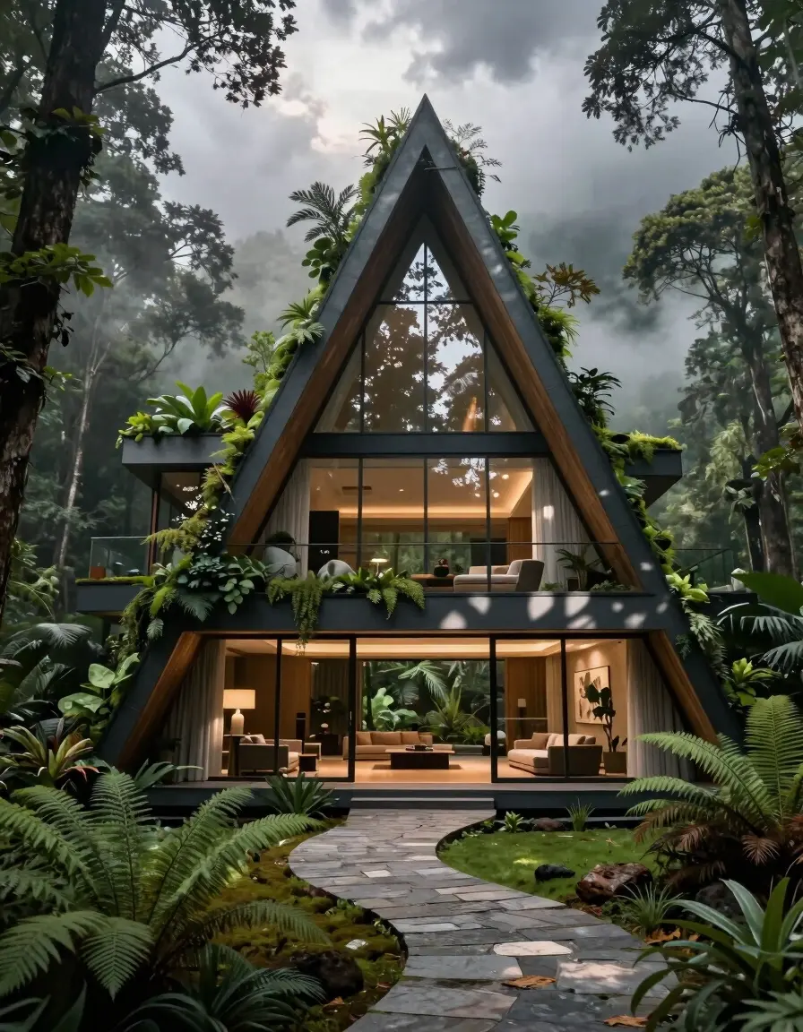 A futuristic, triangular-shaped building with a modern design and lush greenery, nestled in a misty forest with a cloudy sky.