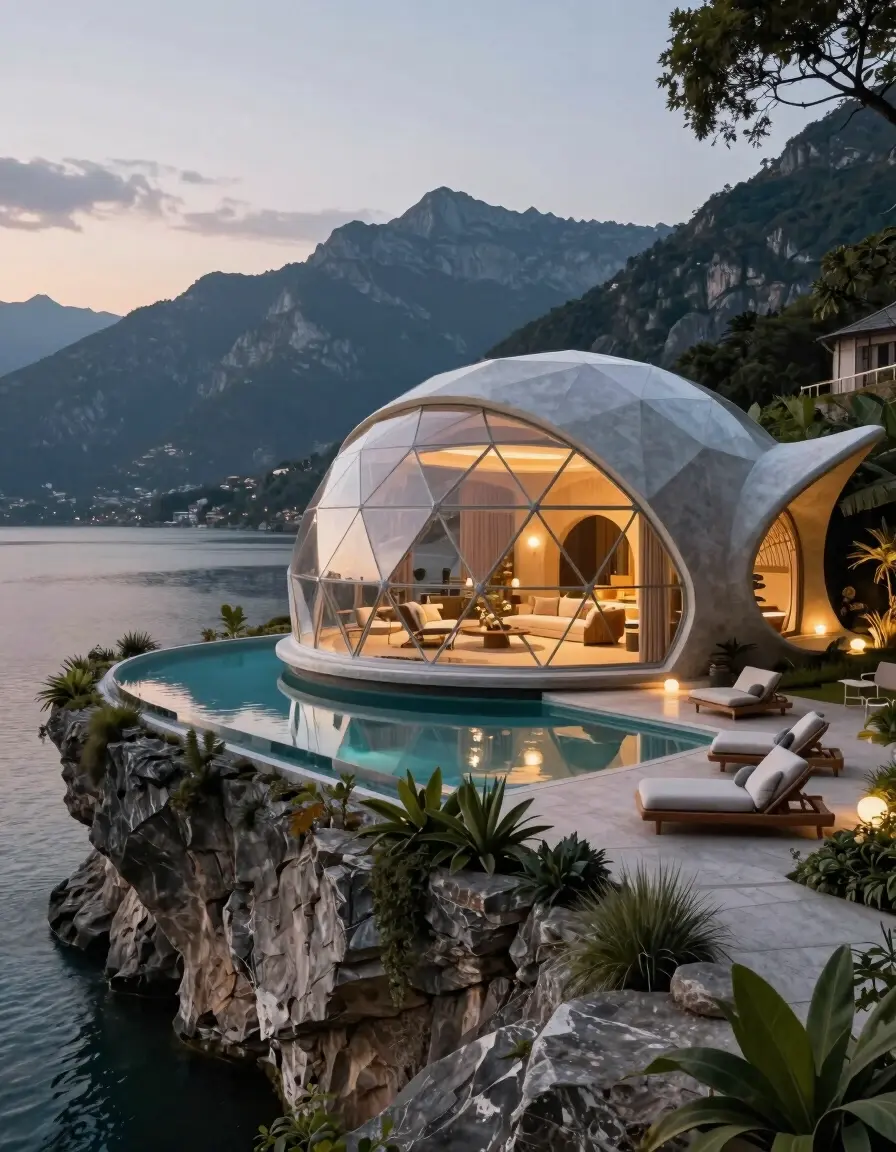 A futuristic geodesic dome villa on a rocky cliffside, overlooking a serene lake and majestic mountains at dusk.