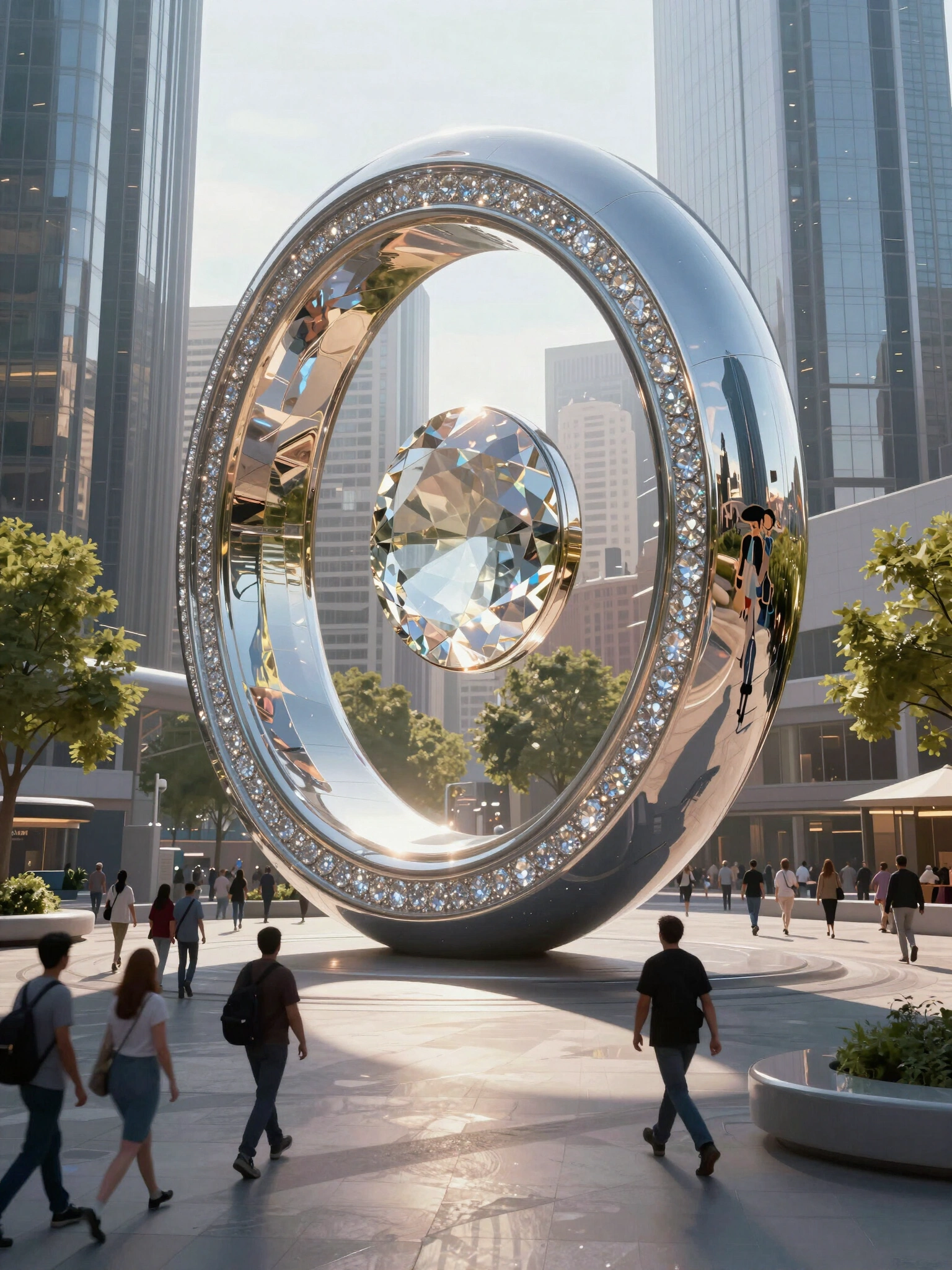 A gigantic, futuristic ring sculpture in a city square, surrounded by people and modern buildings.