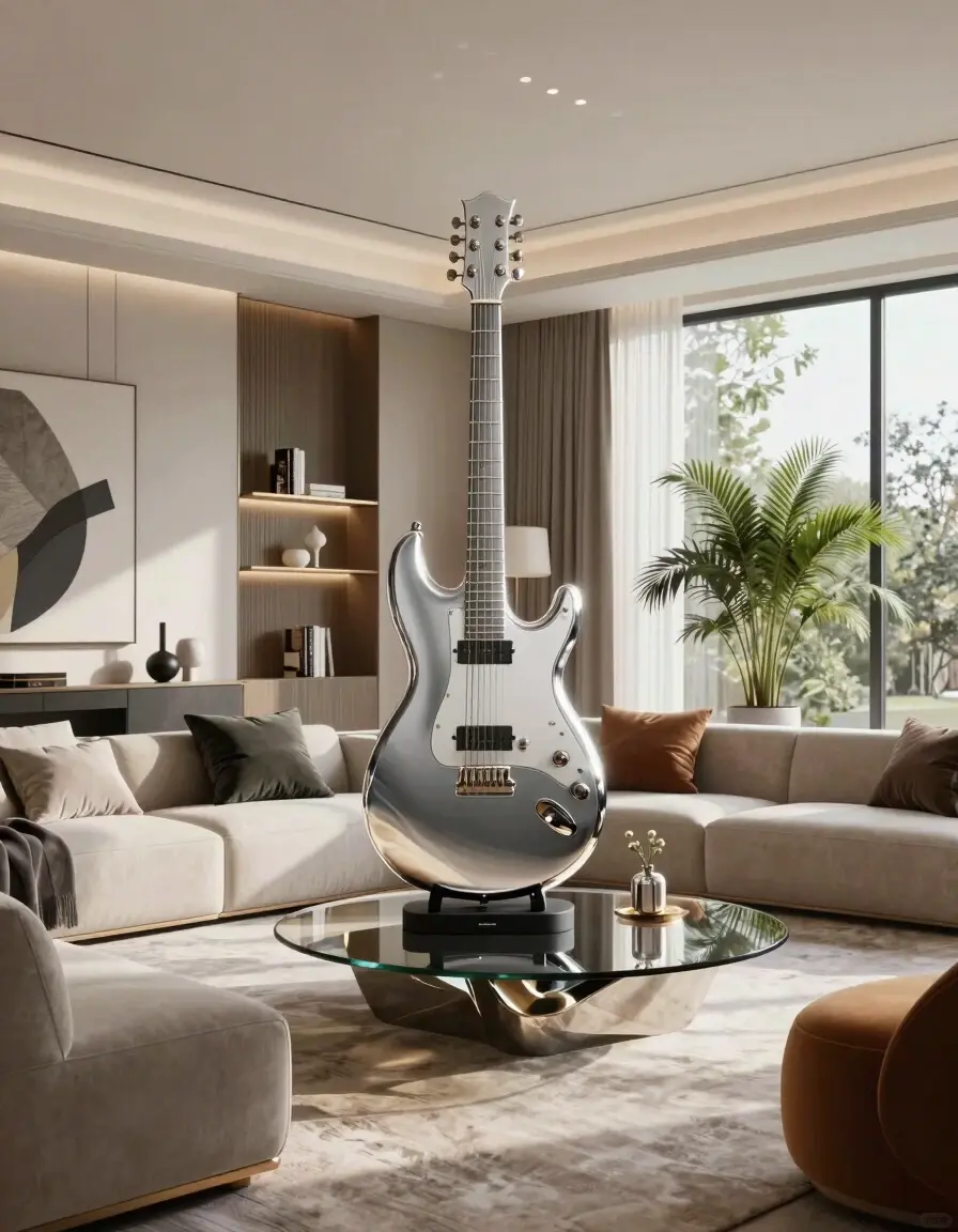 A large, silver, futuristic guitar sculpture stands on a black stand in a modern living room.