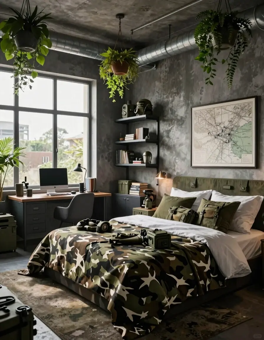 A futuristic bedroom with industrial elements, military decor, and natural touches.