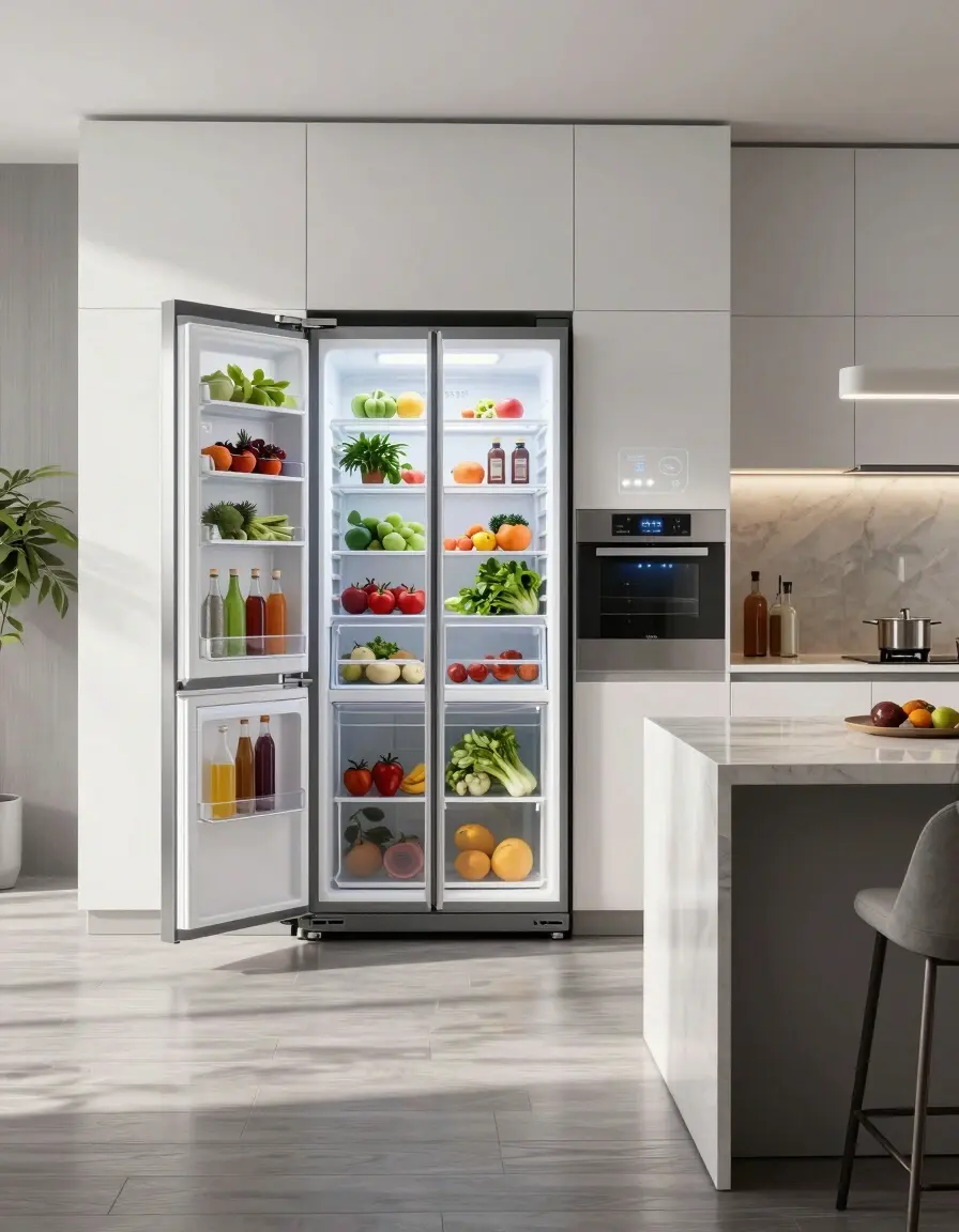 A futuristic kitchen scene with a large, transparent refrigerator and a smaller companion unit, both filled with various food items and plants, set in a minimalist space.
