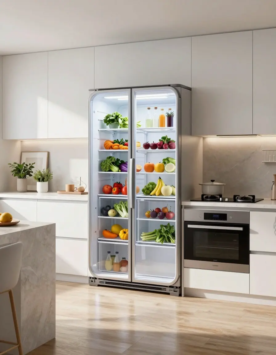 A modern kitchen with a transparent, rounded refrigerator filled with fresh produce and drinks, set in a minimalist white and light wood environment.