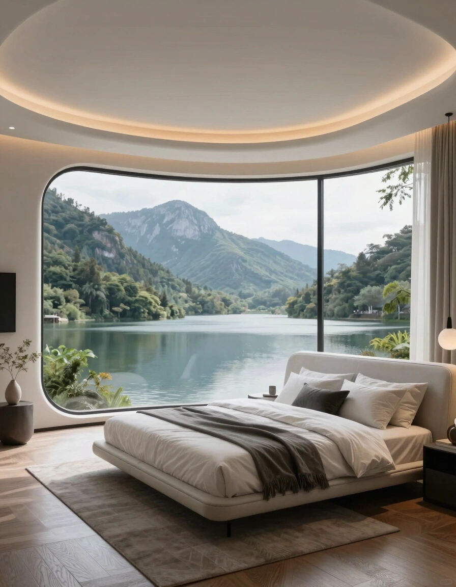 A futuristic bedroom with a curved white ceiling and rounded windows, offering a stunning view of a lake and mountains, with a minimalist bed and dark wood flooring.