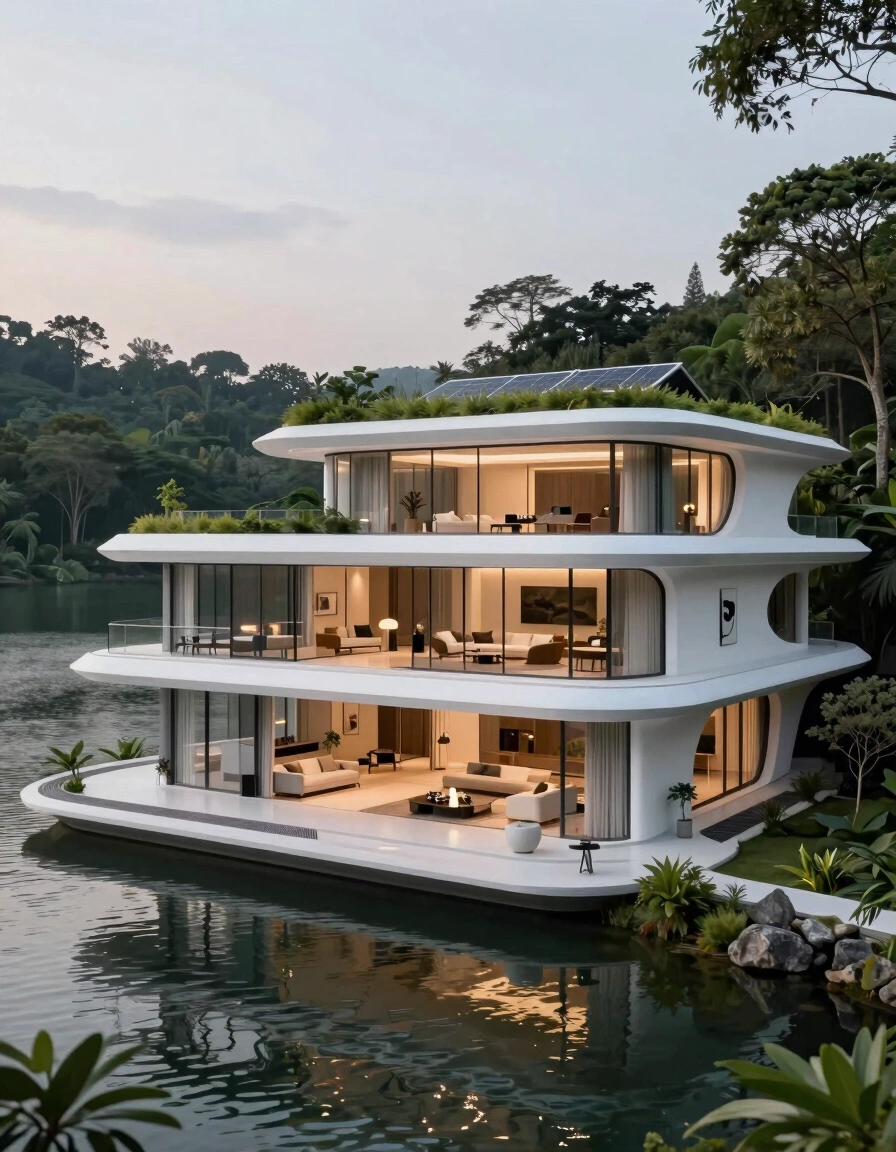 A futuristic white house on a lake with curved design and glass windows.