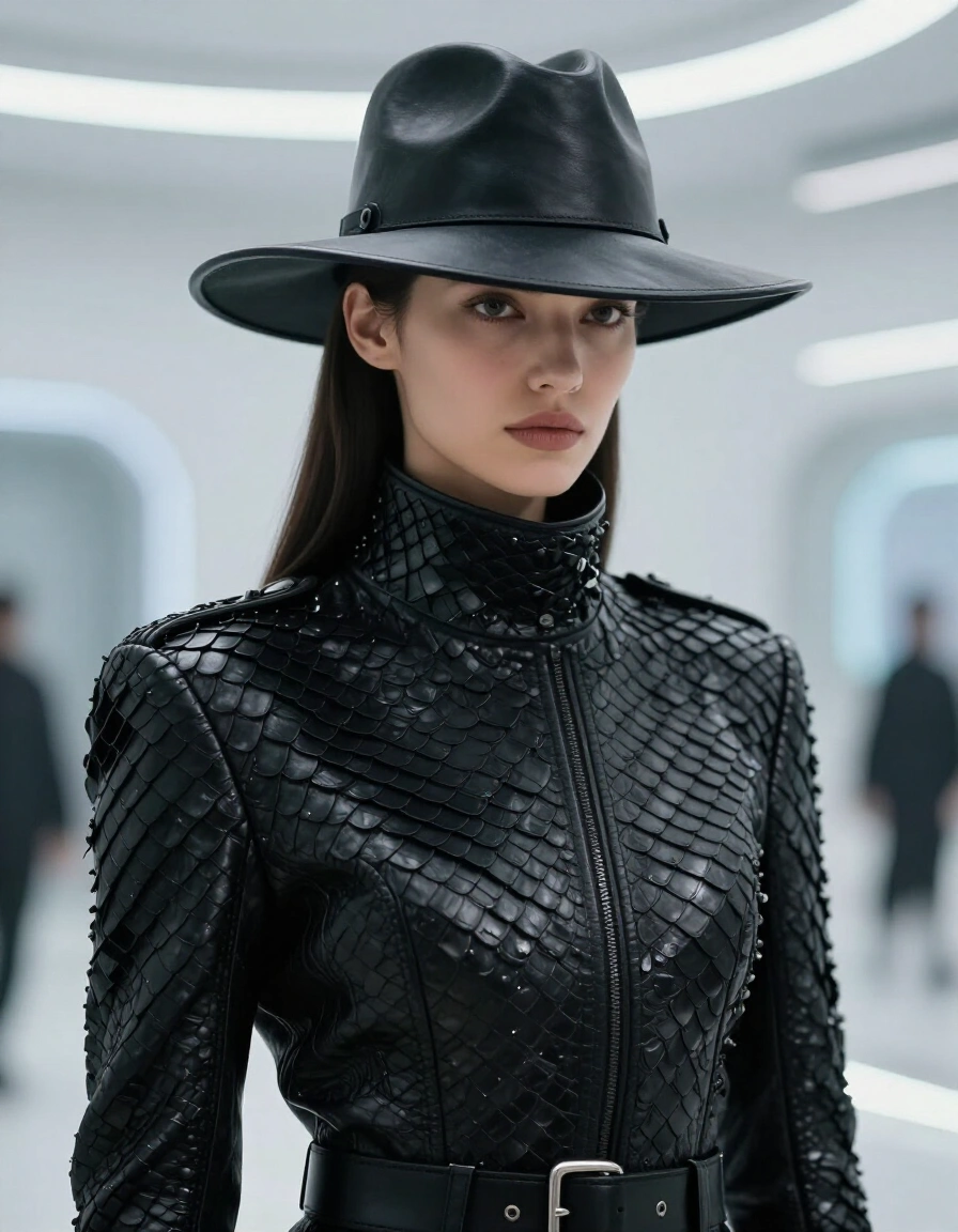 Woman in black leather hat and jacket with scale pattern, standing in a futuristic setting.