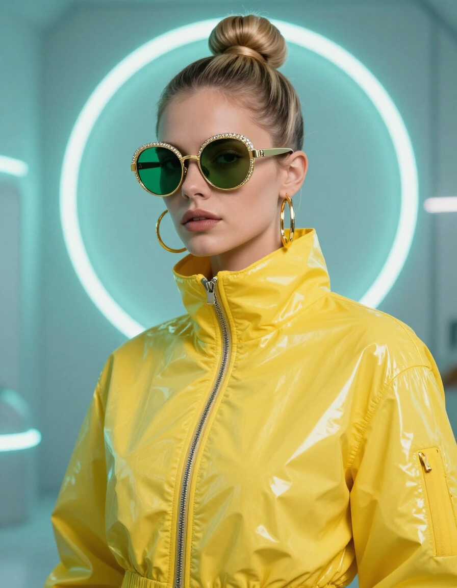 Woman in yellow jacket and gold sunglasses against neon background