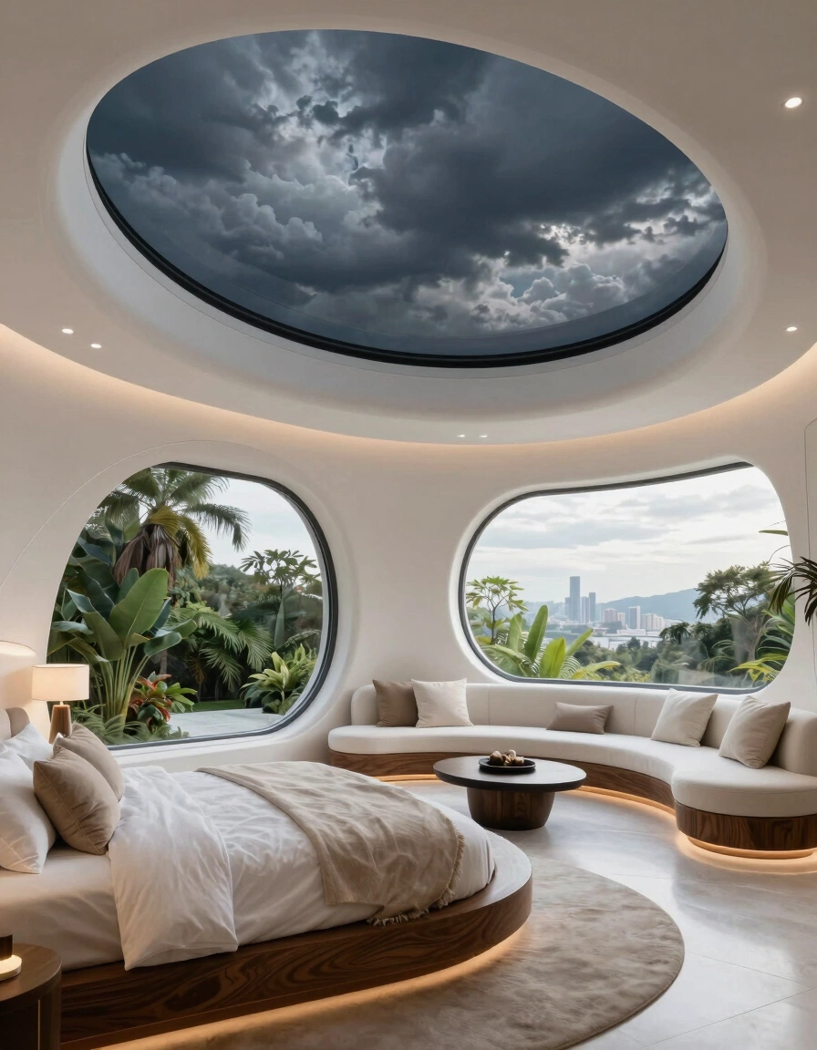 A futuristic bedroom with a curved ceiling, large skylights, and rounded windows showcasing a city view and greenery.