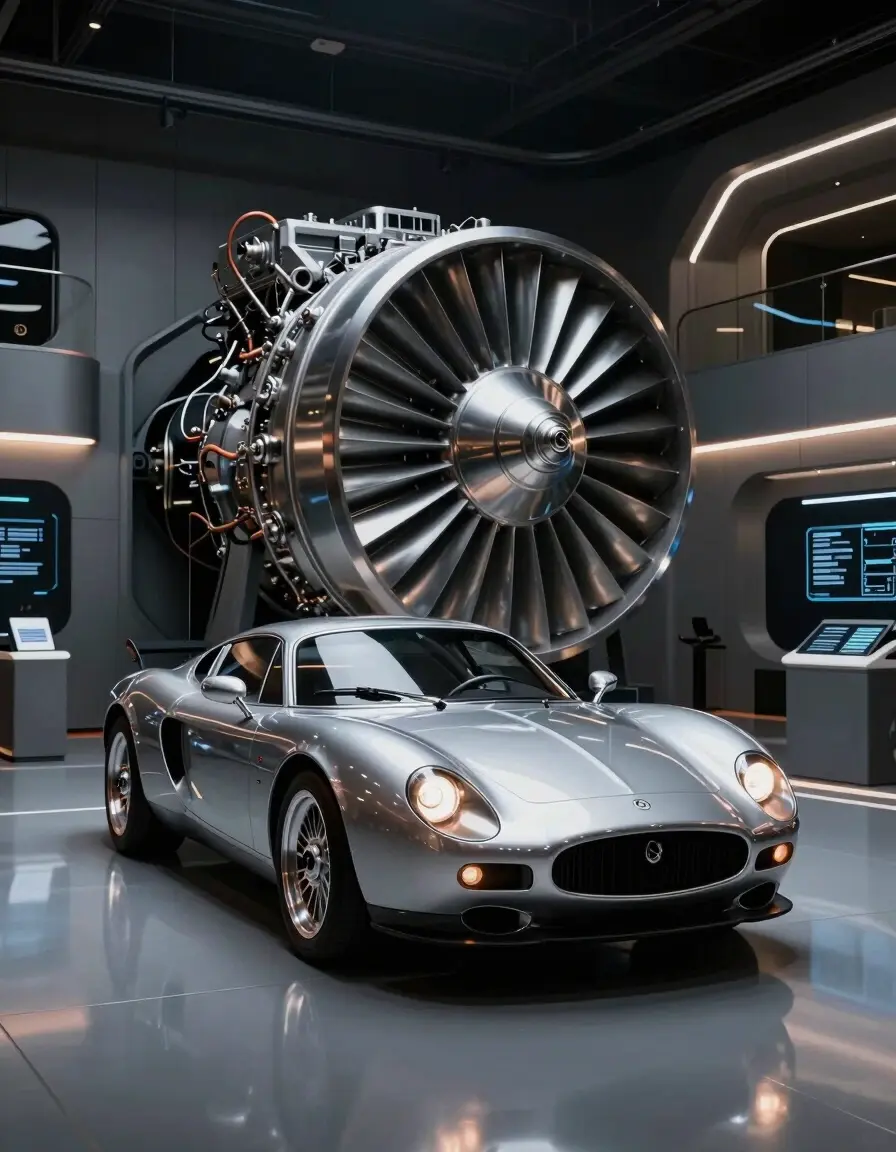A futuristic garage with a silver luxury car and a large, metallic engine in the background.