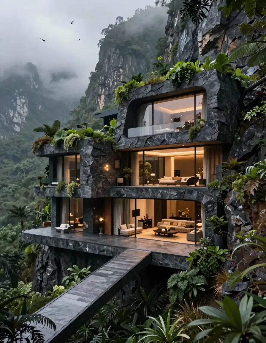 A futuristic, multi-level home carved into a misty mountain, with a dark grey stone exterior and illuminated windows, surrounded by dense foliage and towering cliffs.