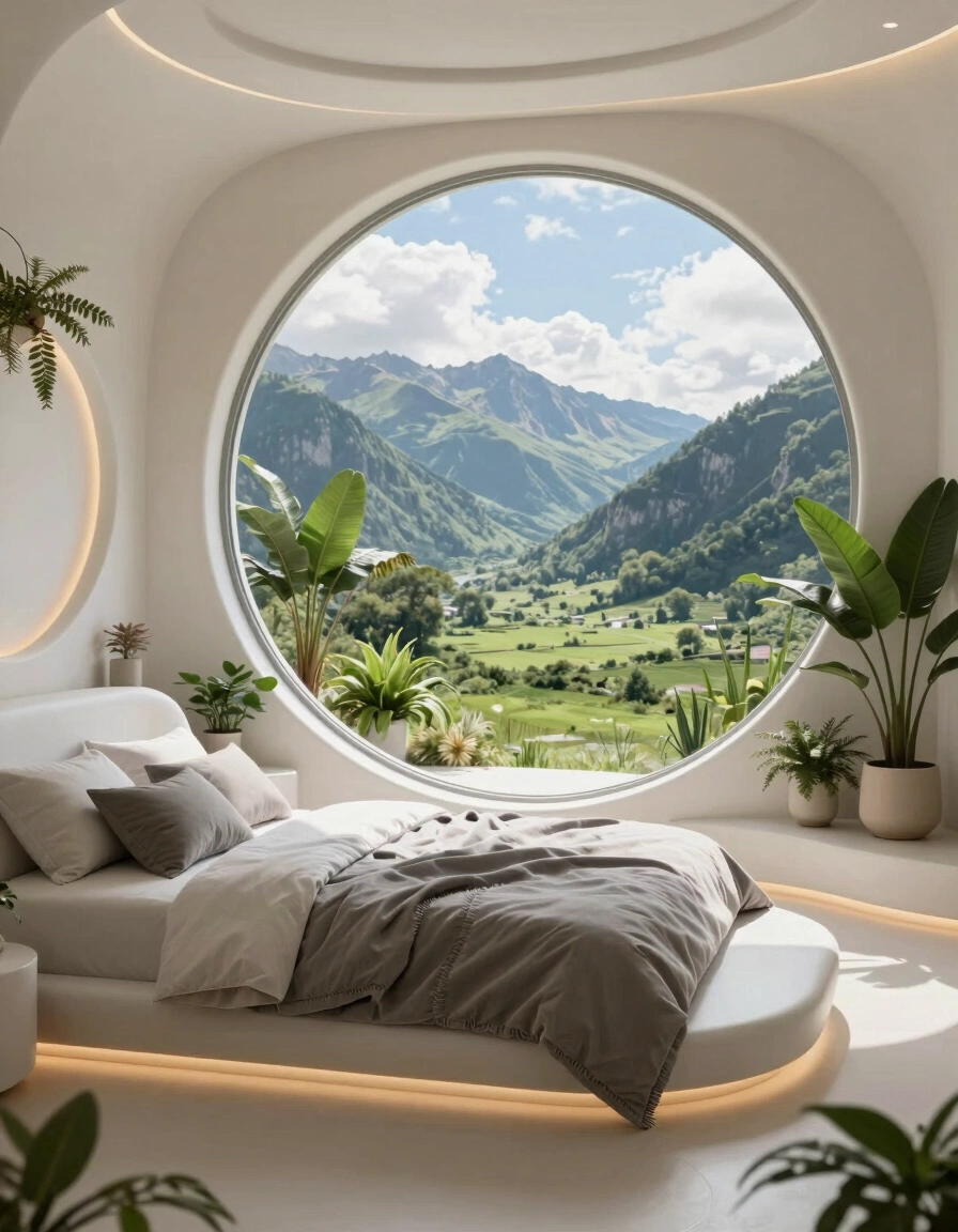 A futuristic bedroom with a large circular window showing a mountainous landscape, featuring a curved white bed and potted plants.