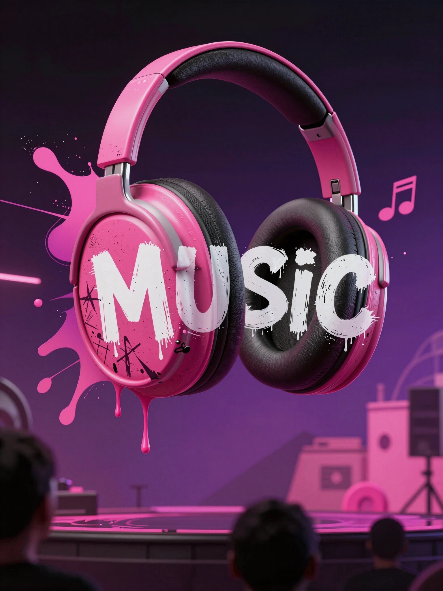 Stylized headphones with 'MUSIC' written in graffiti font, set against a dark background with pink and white accents.