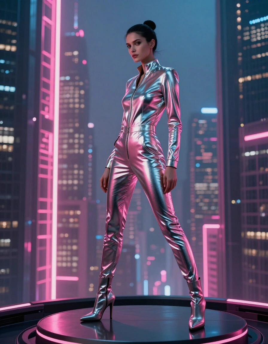 Woman in shiny metallic jumpsuit posing on a platform in a futuristic city with neon lights.