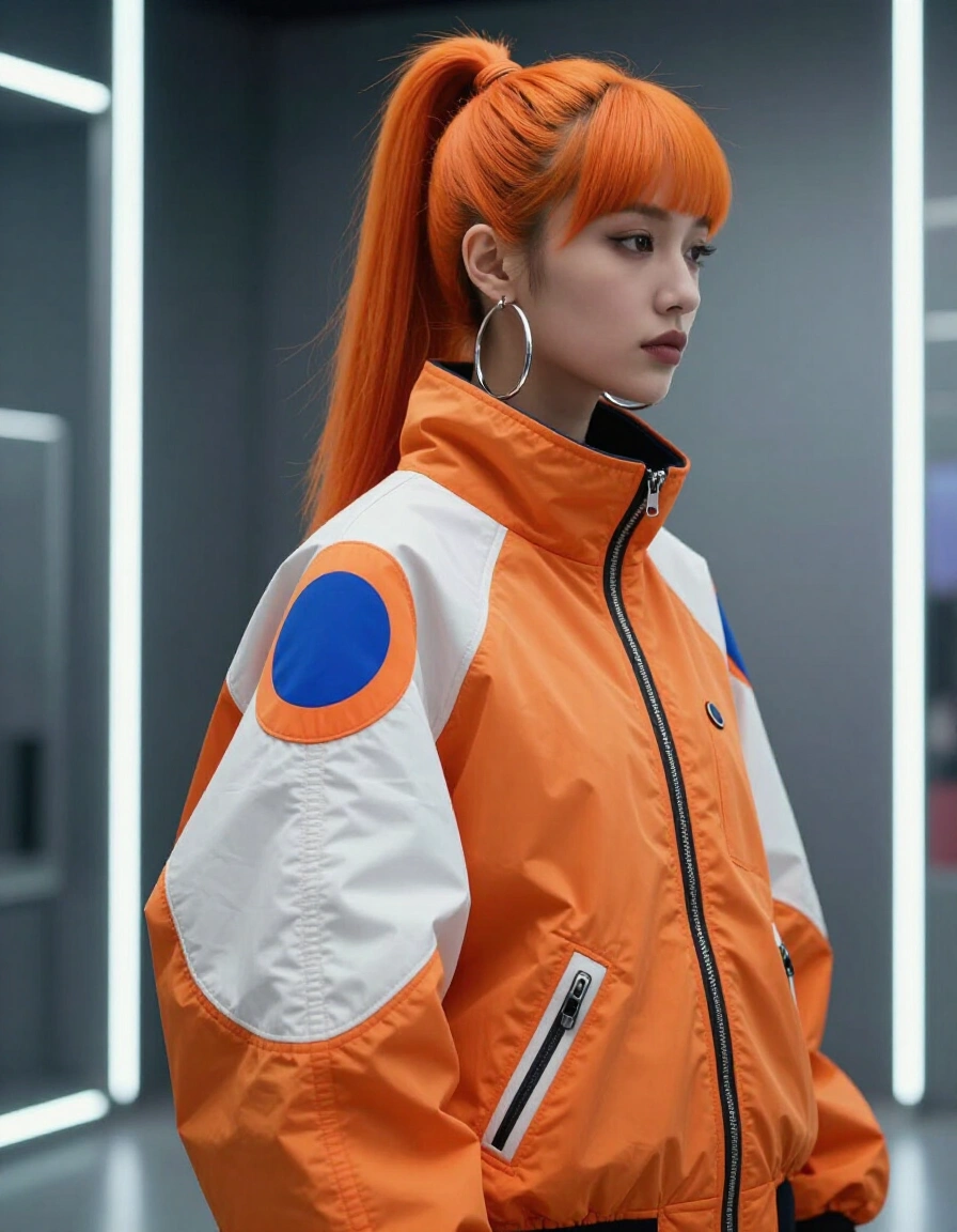 Woman with orange hair in a futuristic jacket with neon-lit background
