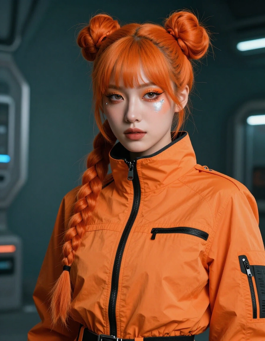 Woman with orange hair in double buns and braid, wearing orange futuristic jacket and bold makeup.