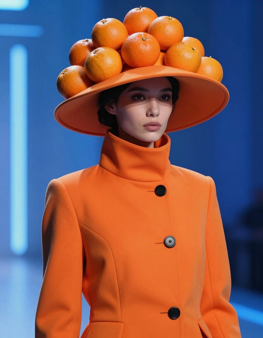 Woman in orange coat and hat with oranges, standing in front of blue-lit background.