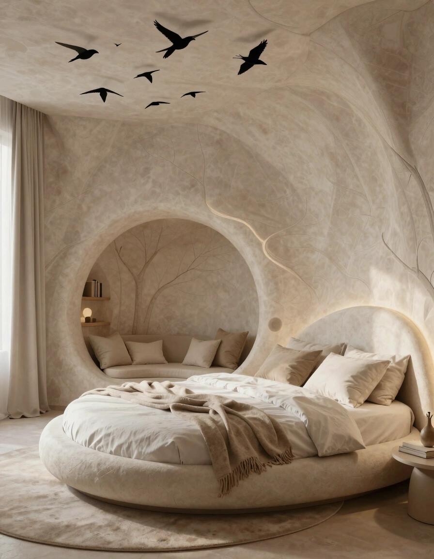 A futuristic bedroom with a rounded bed, textured walls, and black bird silhouettes on the ceiling, creating a serene and peaceful atmosphere.