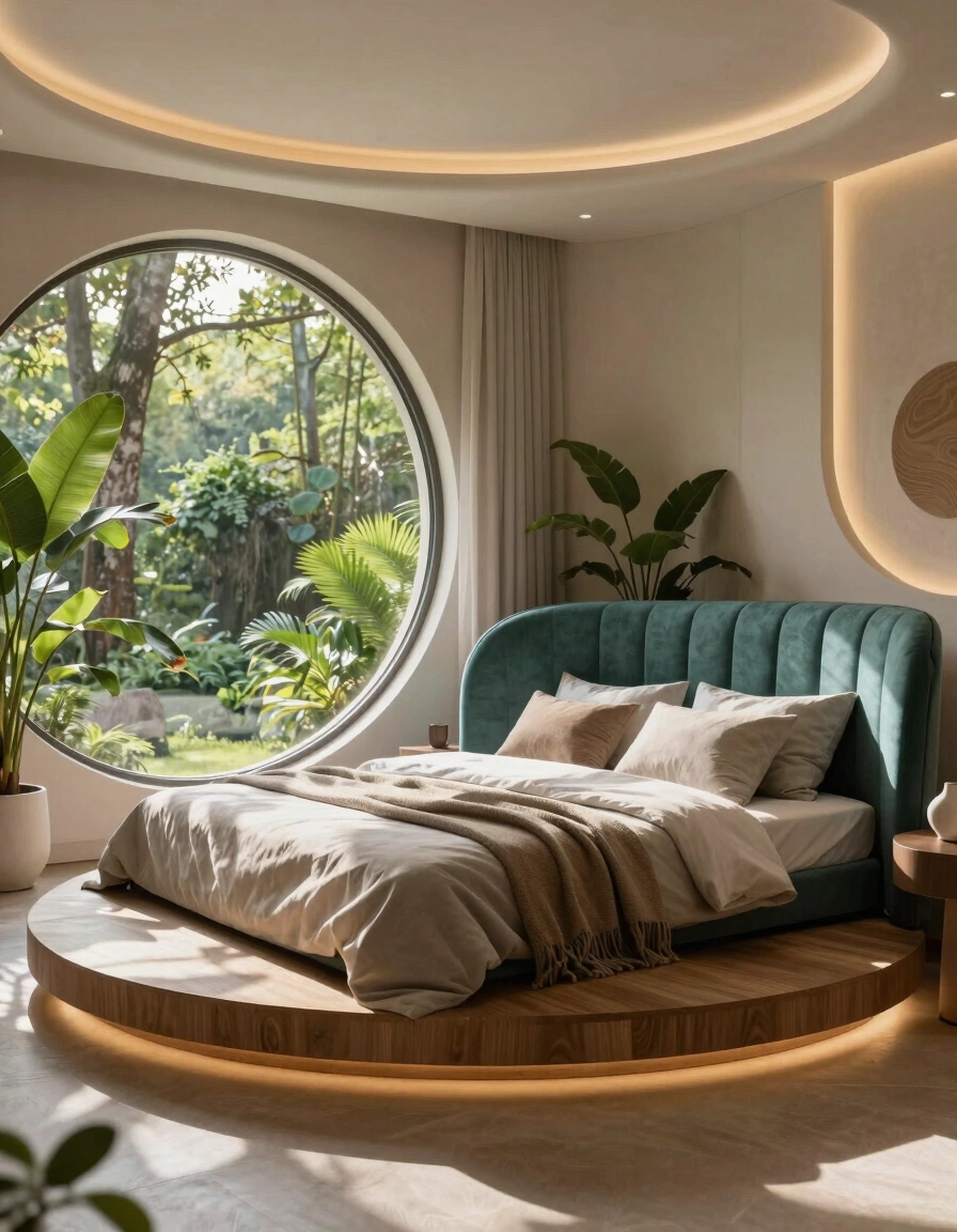 A futuristic bedroom with a circular bed, teal headboard, and round windows showing a green forest.