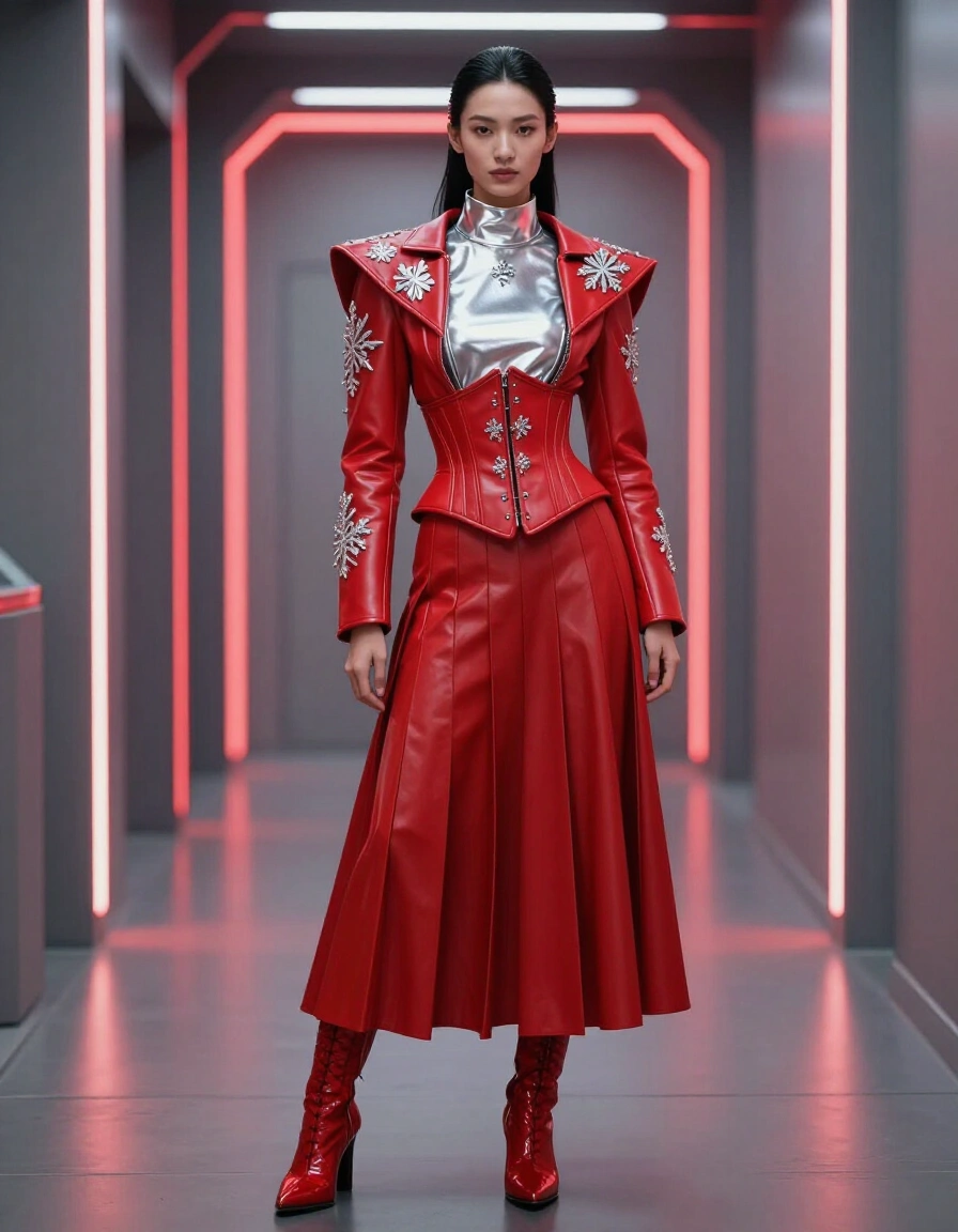 Woman in red leather corset jacket with silver embroidery, standing in a neon-lit corridor.
