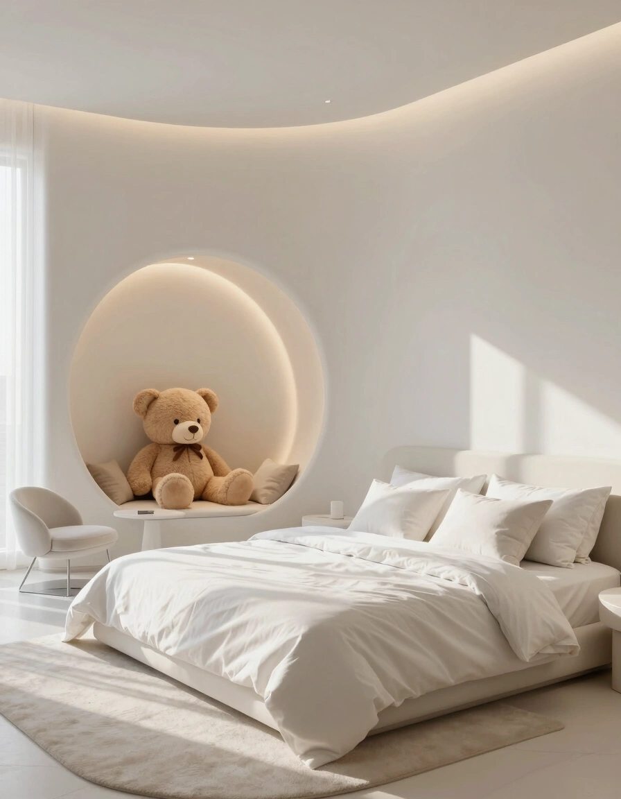 A futuristic bedroom with curved white walls and a built-in bed, accompanied by a circular reading nook containing a teddy bear under soft lighting.