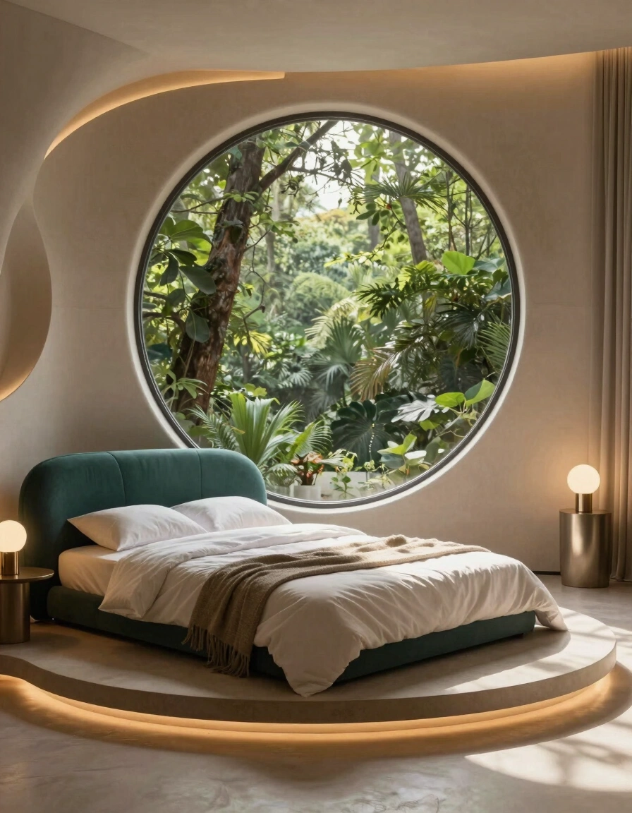 A futuristic bedroom with a circular bed, teal headboard, and large circular windows showing a green forest.