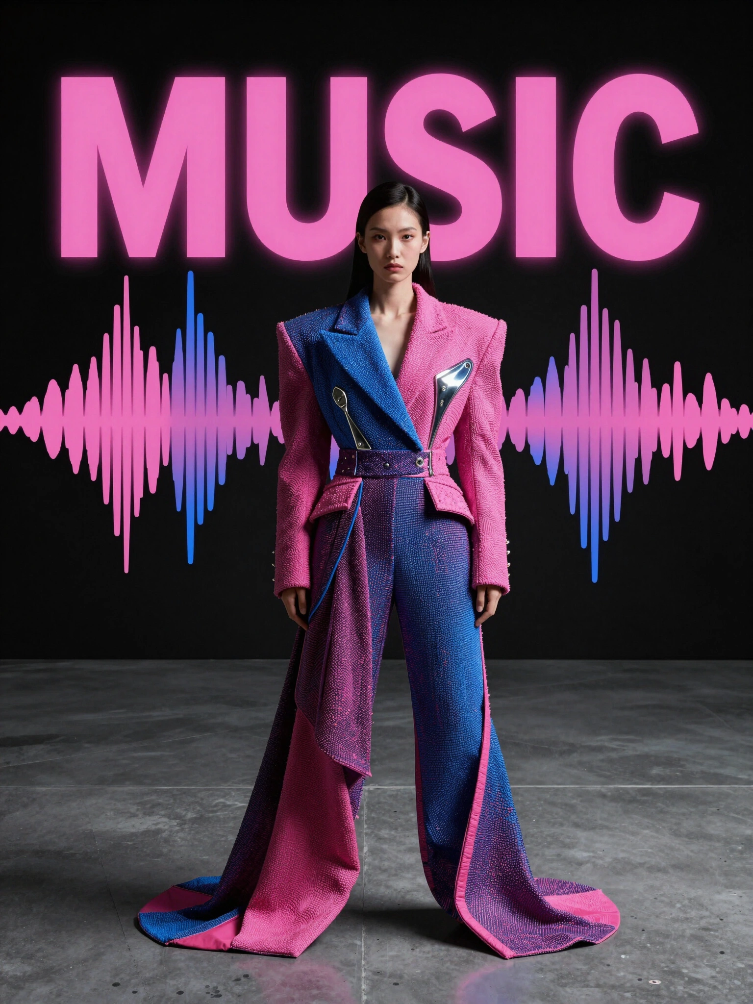 A futuristic fashion collection inspired by soundwaves, with a black background, pink and blue accents, and a bold, edgy silhouette.