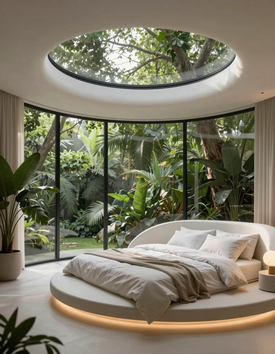 A futuristic bedroom with a large tree visible through a circular ceiling opening, surrounded by floor-to-ceiling windows and a minimalist, white color scheme with ambient lighting.