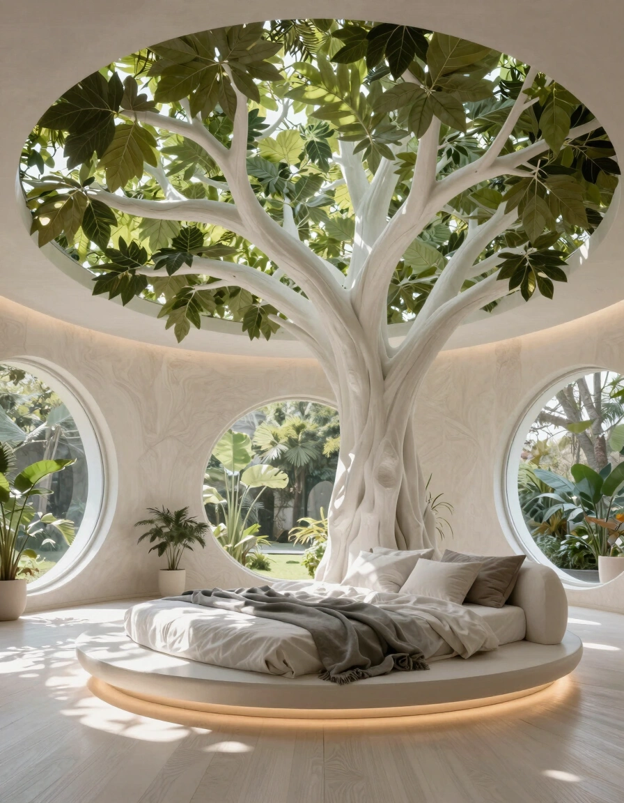 A futuristic bedroom with a large white tree structure, circular bed, and expansive windows showcasing lush greenery.