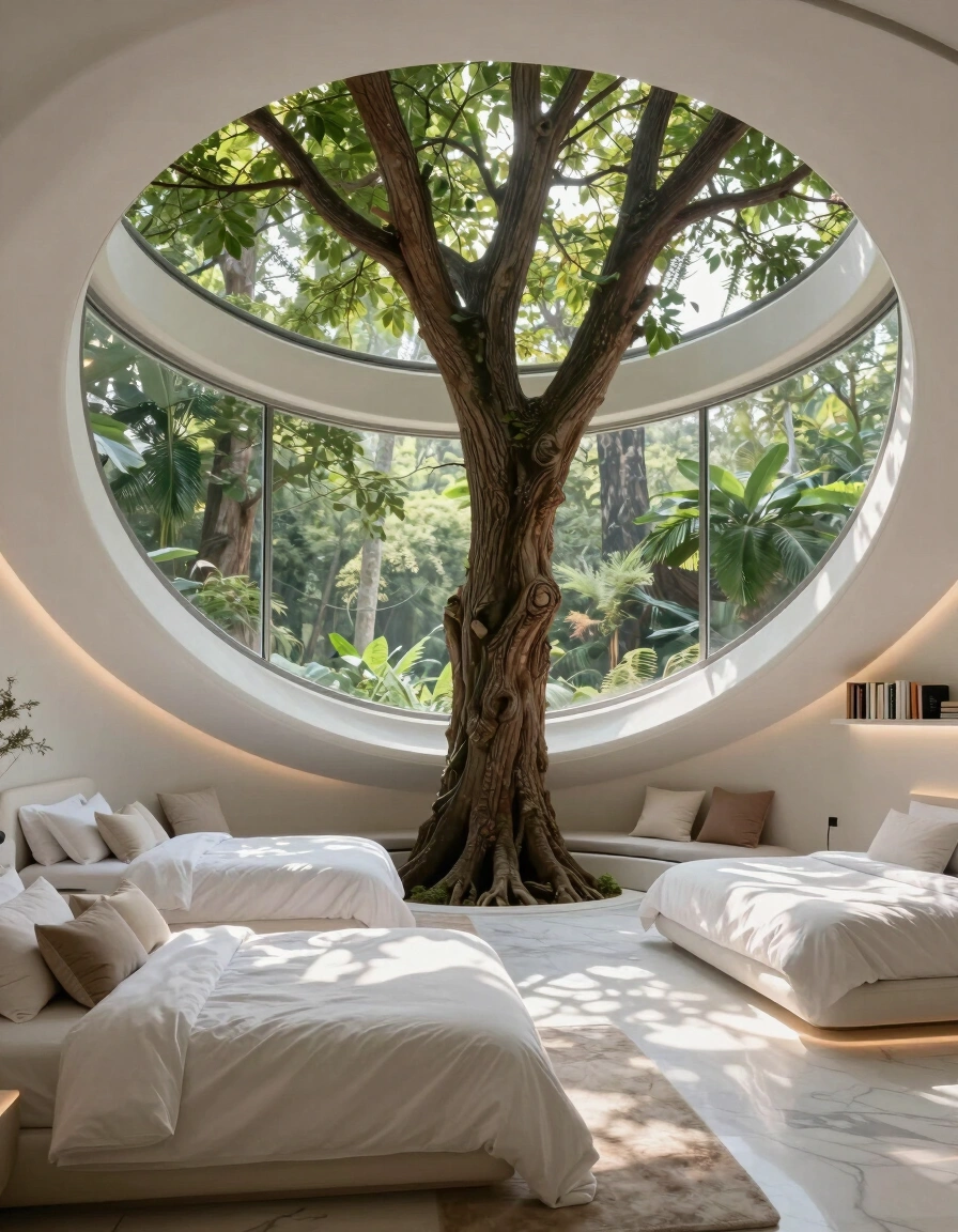 A futuristic bedroom with a tree growing through it, surrounded by white curved walls and large circular windows.