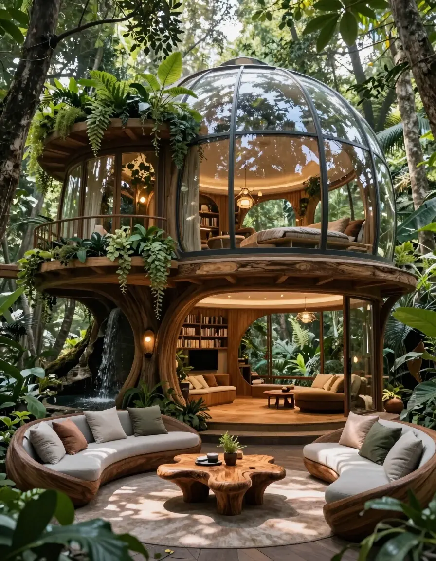A futuristic, multi-level treehouse with glass domes and wooden accents, surrounded by lush greenery and dense forest, exuding luxury and serenity.