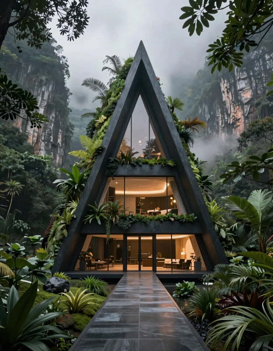 A futuristic building with a unique triangular shape, surrounded by lush greenery and misty atmosphere, with warm interior lighting and a sleek walkway leading to the entrance.
